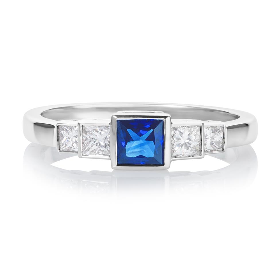 18ct White Gold Princess Cut Sapphire and Diamond Dress Ring Thumbnail Image 1