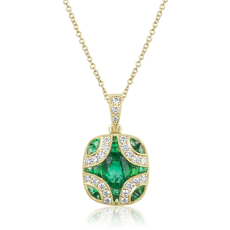 18ct Yellow Gold Vintage Design Emerald and Diamond Pendant Thumbnail Image 0