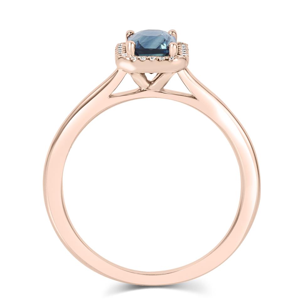 18ct Rose Gold Emerald Cut Teal Sapphire and Diamond Halo Engagement Ring Thumbnail Image 2