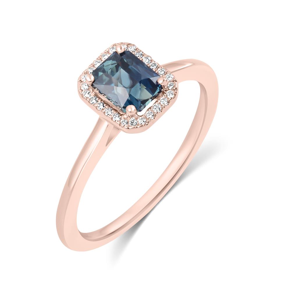 18ct Rose Gold Emerald Cut Teal Sapphire and Diamond Halo Engagement Ring Thumbnail Image 0