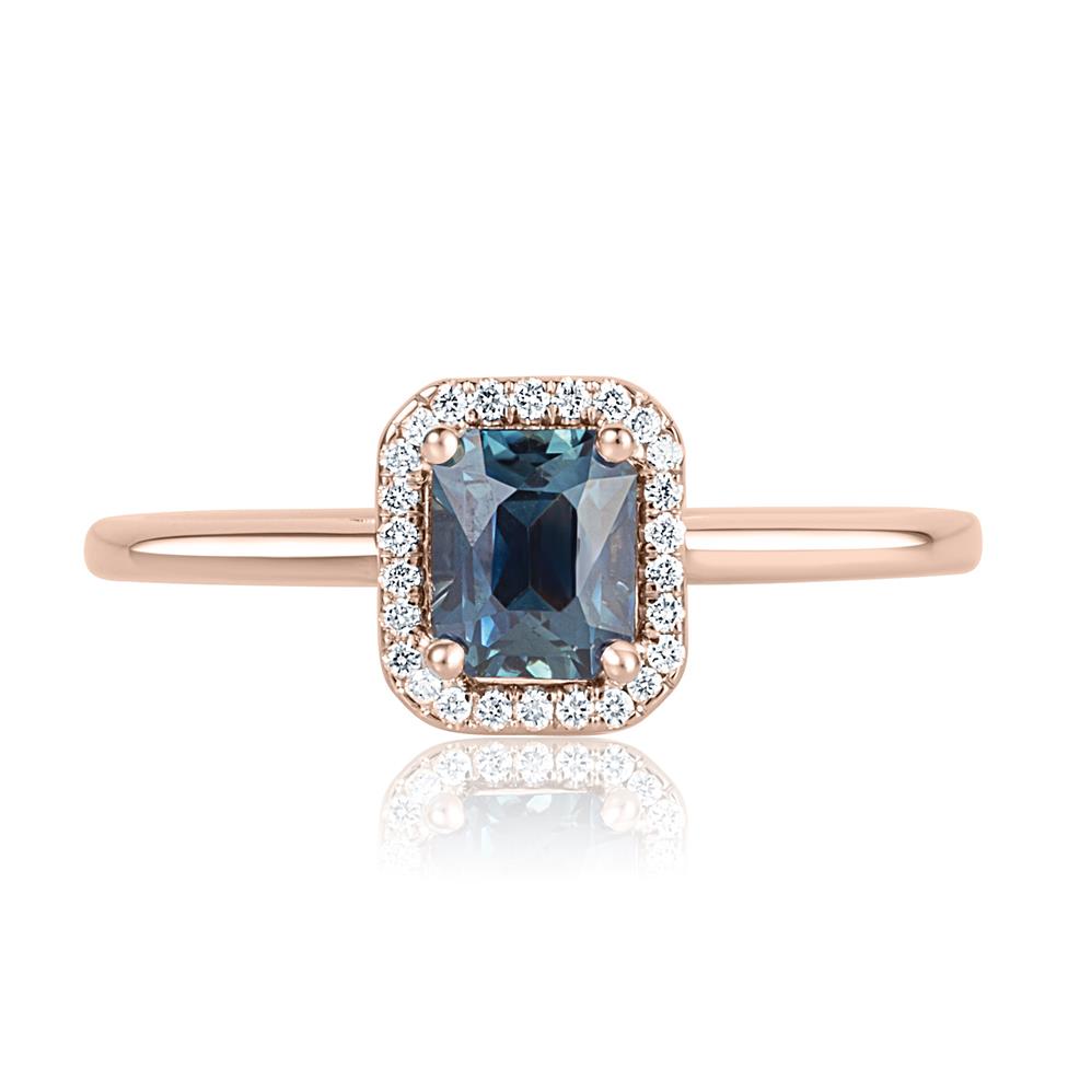 18ct Rose Gold Emerald Cut Teal Sapphire and Diamond Halo Engagement Ring Thumbnail Image 1