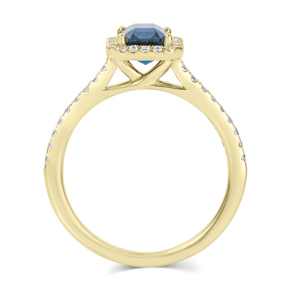 18ct Yellow Gold Emerald Cut Teal Sapphire and Diamond Halo Engagement Ring Thumbnail Image 2