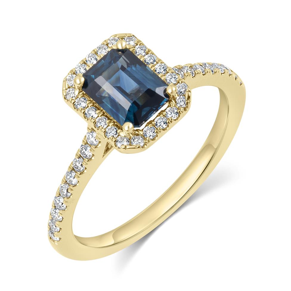 18ct Yellow Gold Emerald Cut Teal Sapphire and Diamond Halo Engagement Ring Thumbnail Image 0
