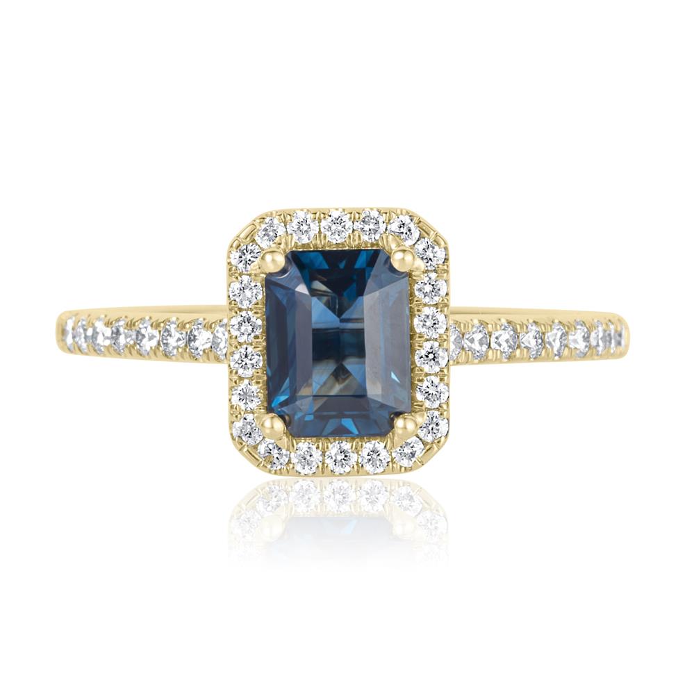 18ct Yellow Gold Emerald Cut Teal Sapphire and Diamond Halo Engagement Ring Thumbnail Image 1