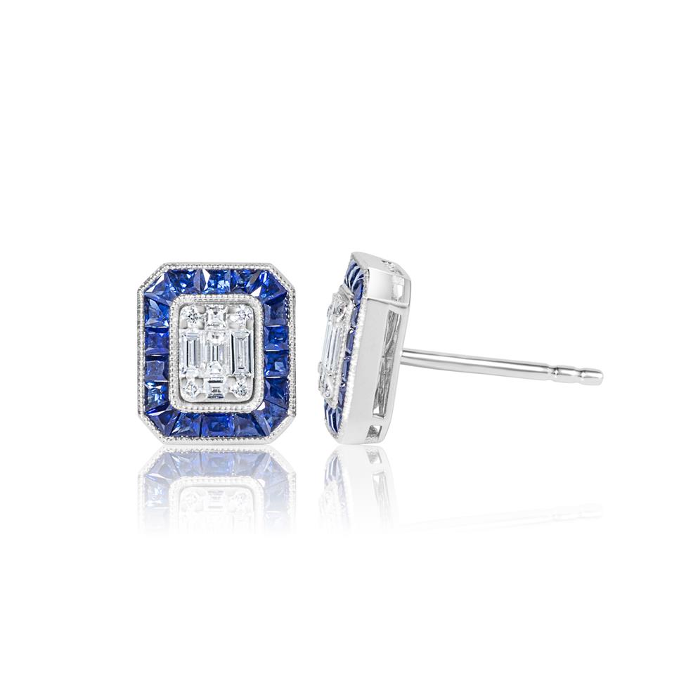 18ct White Gold Vintage Style Diamond and Sapphire Illusion Set Halo Stud Earrings Thumbnail Image 0