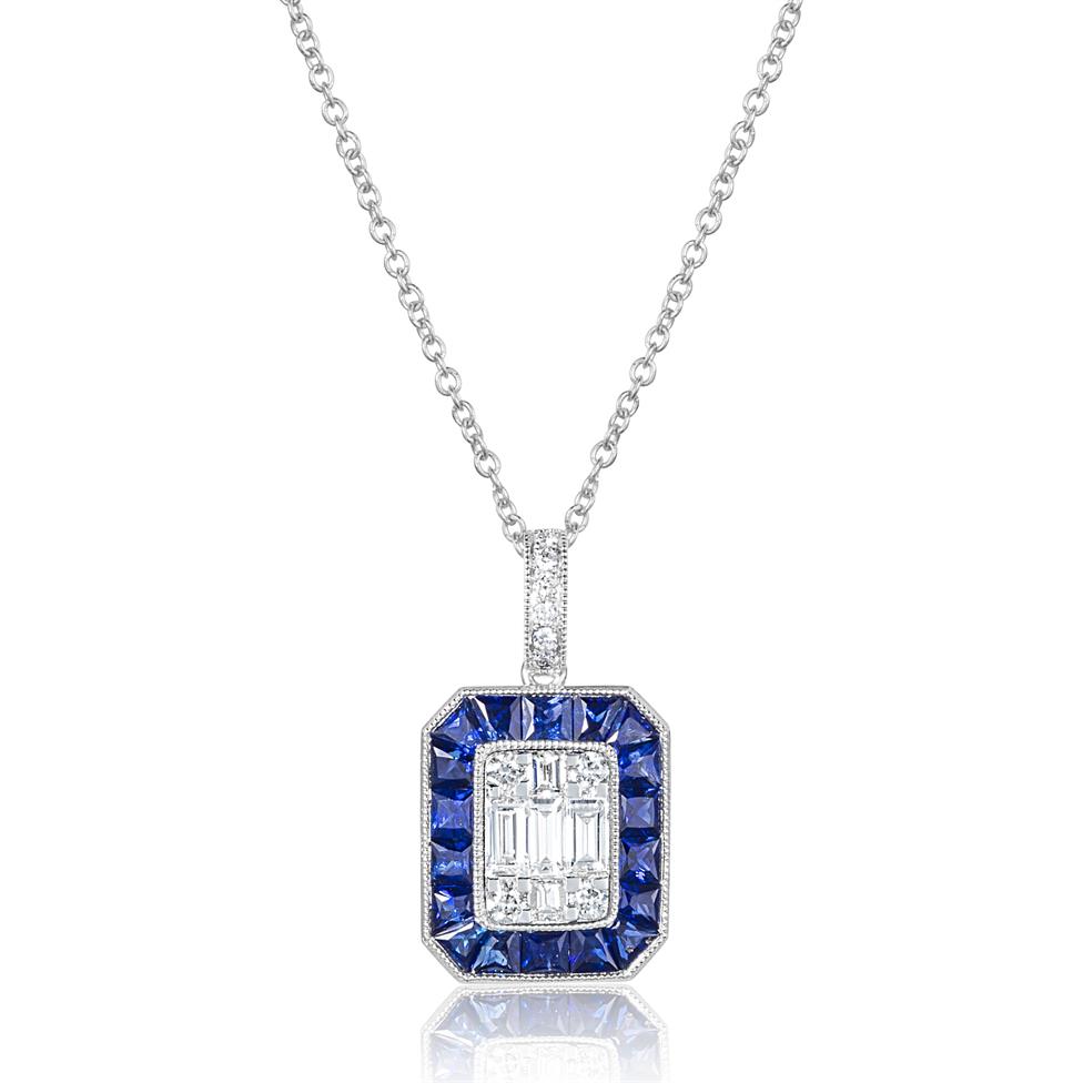 18ct White Gold Vintage Style Diamond and Sapphire Illusion Set Halo Pendant Thumbnail Image 0