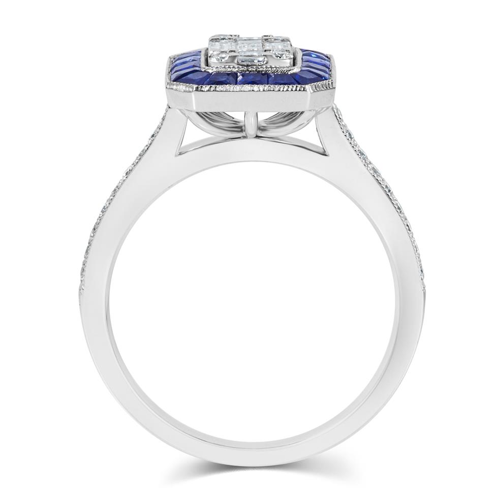 18ct White Gold Vintage Style Diamond and Sapphire Illusion Set Halo Engagement Ring Thumbnail Image 2