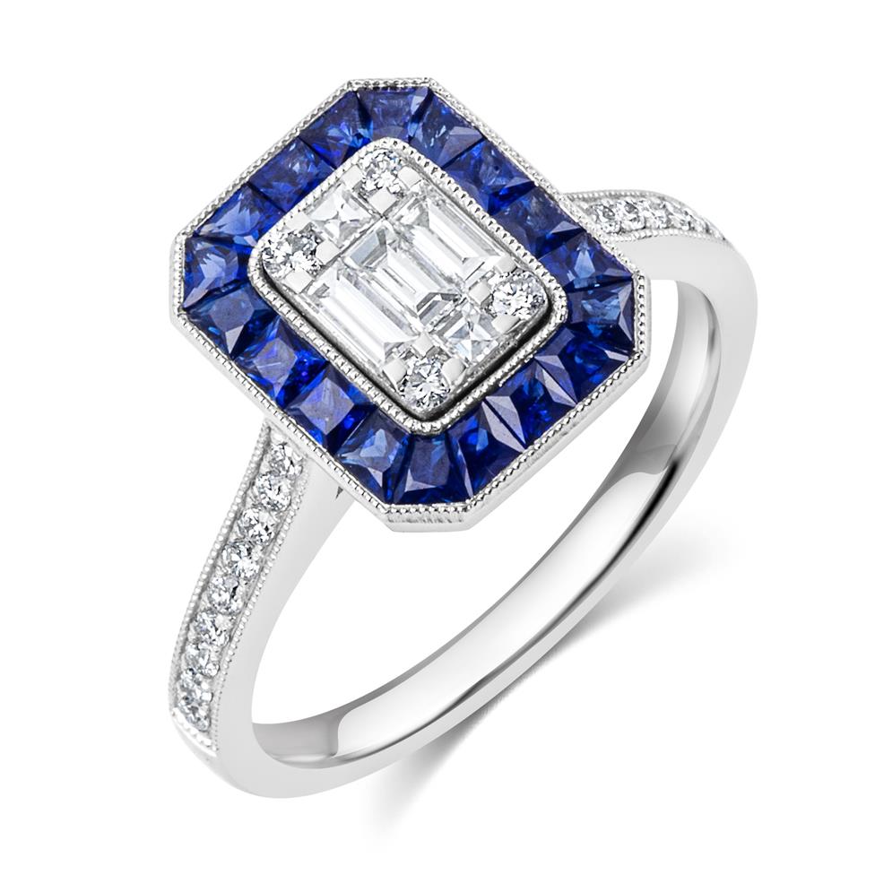 18ct White Gold Vintage Style Diamond and Sapphire Illusion Set Halo Engagement Ring Thumbnail Image 0