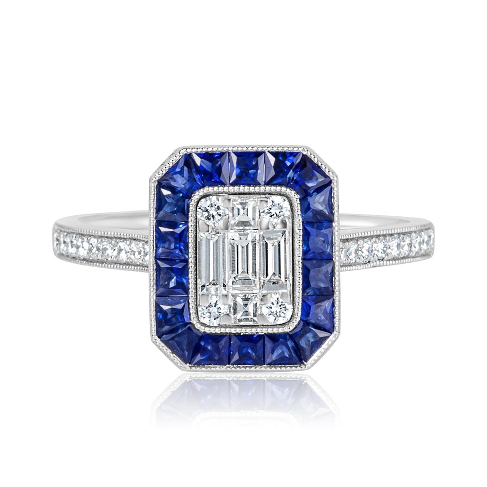 18ct White Gold Vintage Style Diamond and Sapphire Illusion Set Halo Engagement Ring Thumbnail Image 1