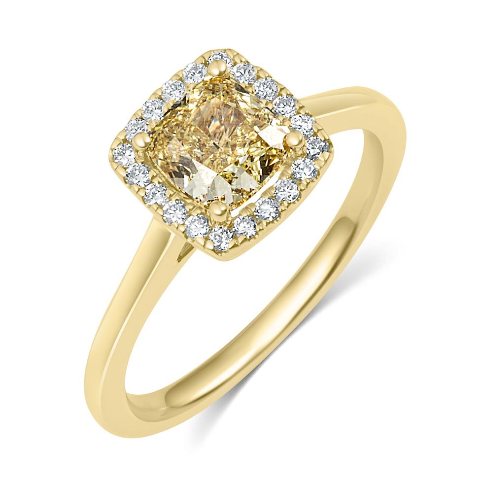 18ct Yellow Gold Cushion Cut Champagne Diamond Halo Engagement Ring Thumbnail Image 0