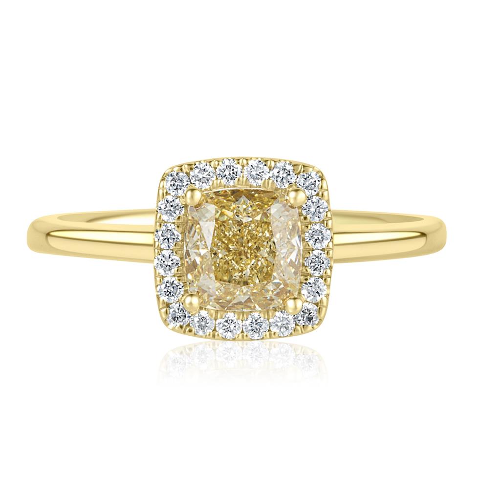 18ct Yellow Gold Cushion Cut Champagne Diamond Halo Engagement Ring Thumbnail Image 1
