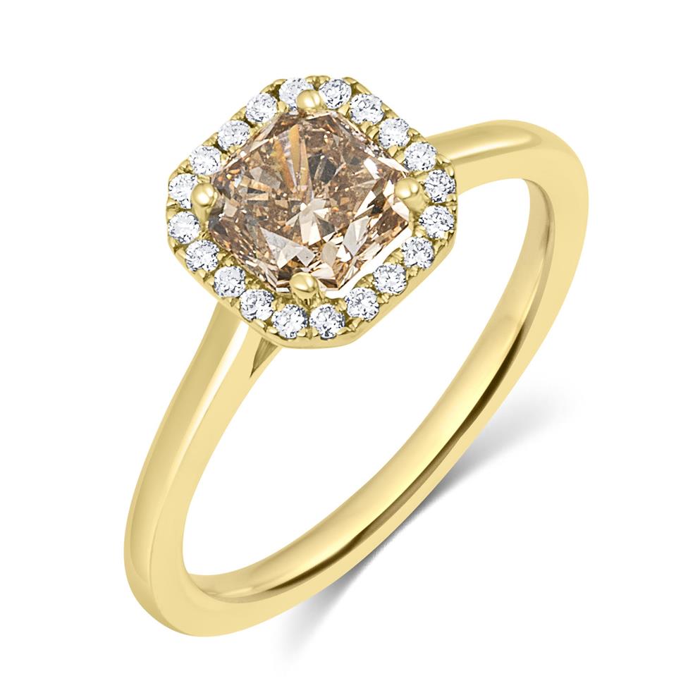 18ct Yellow Gold Radiant Cut Cognac Diamond Halo Engagement Ring Thumbnail Image 0