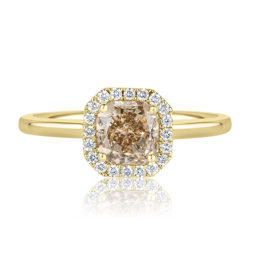 18ct Yellow Gold Radiant Cut Cognac Diamond Halo Engagement Ring Thumbnail Image 1
