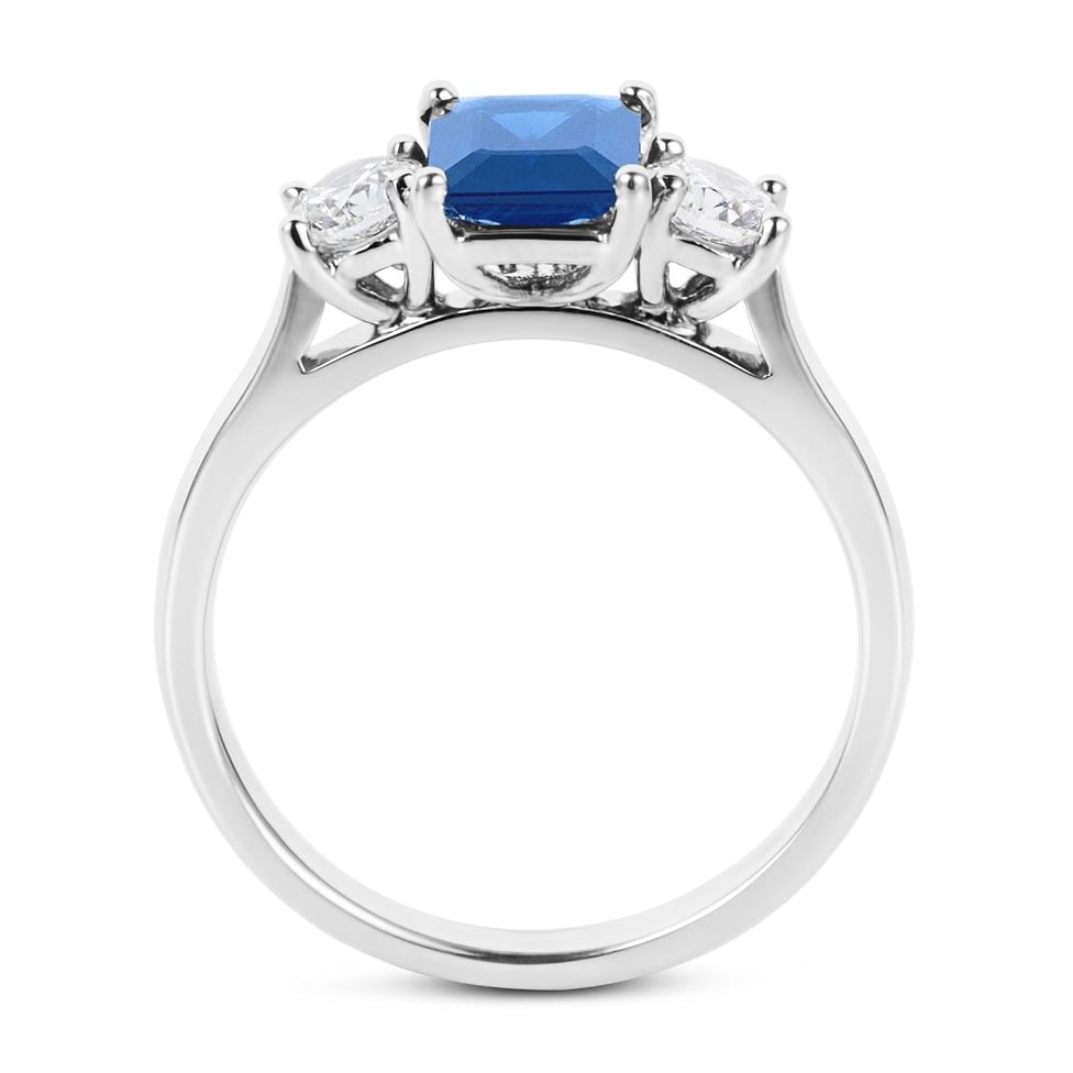 Platinum Emerald Cut Sapphire and Diamond Three Stone Engagement Ring Thumbnail Image 2