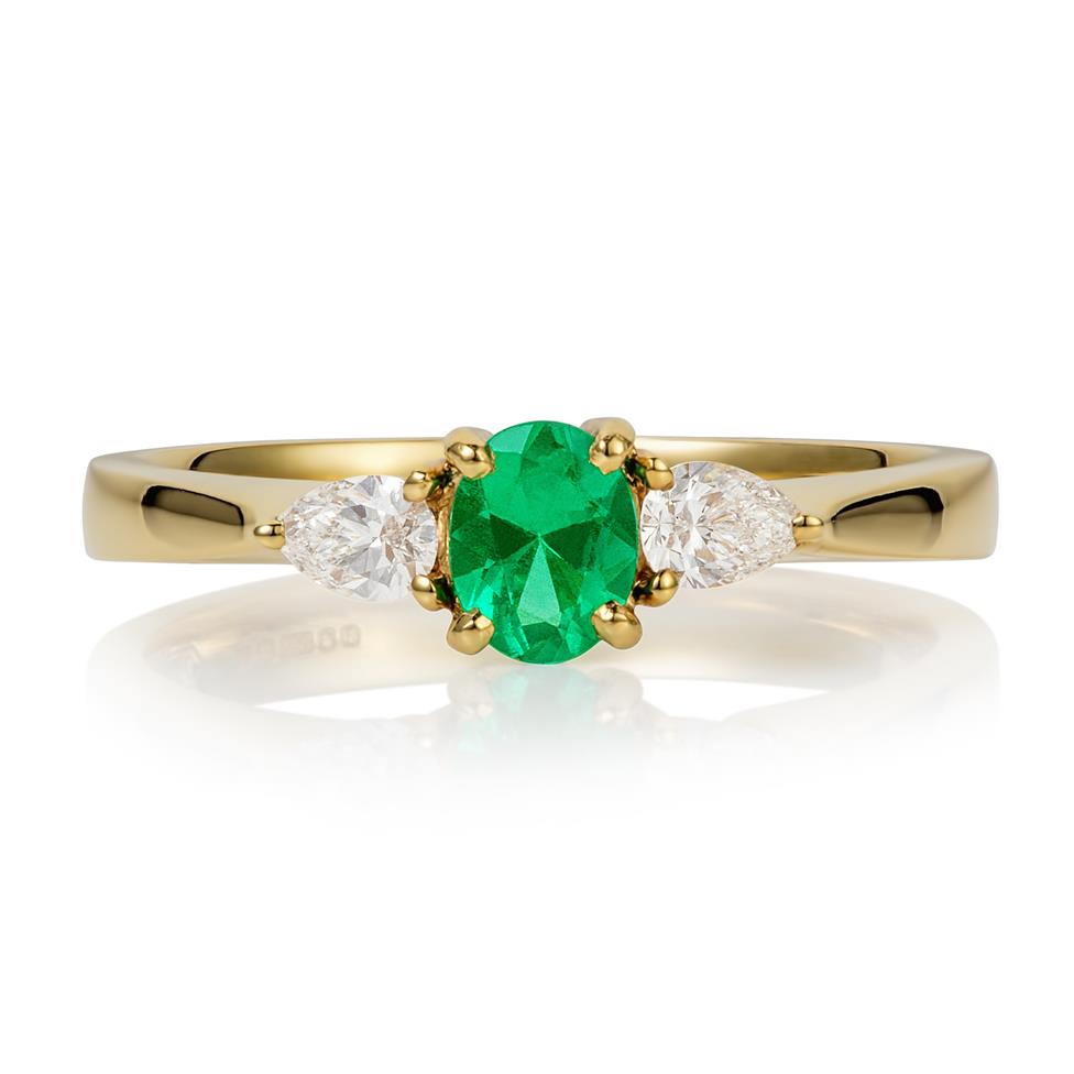 18ct Yellow Gold Oval Emerald and Diamond Three Stone Engagement Ring Thumbnail Image 1