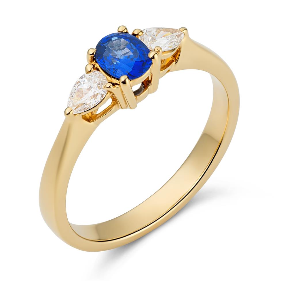 18ct Yellow Gold Oval Sapphire and Diamond Three Stone Engagement Ring Thumbnail Image 0
