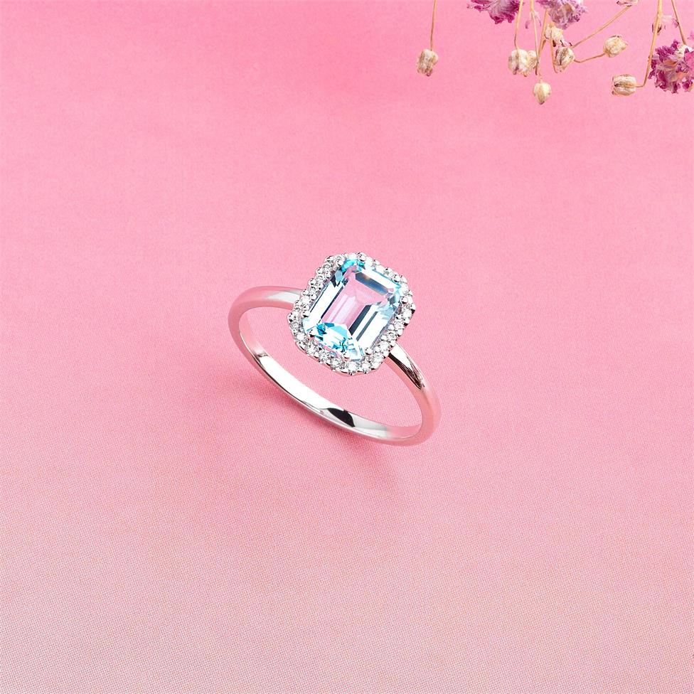 18ct White Gold Emerald Cut Blue Topaz and Diamond Halo Dress Ring Thumbnail Image 2