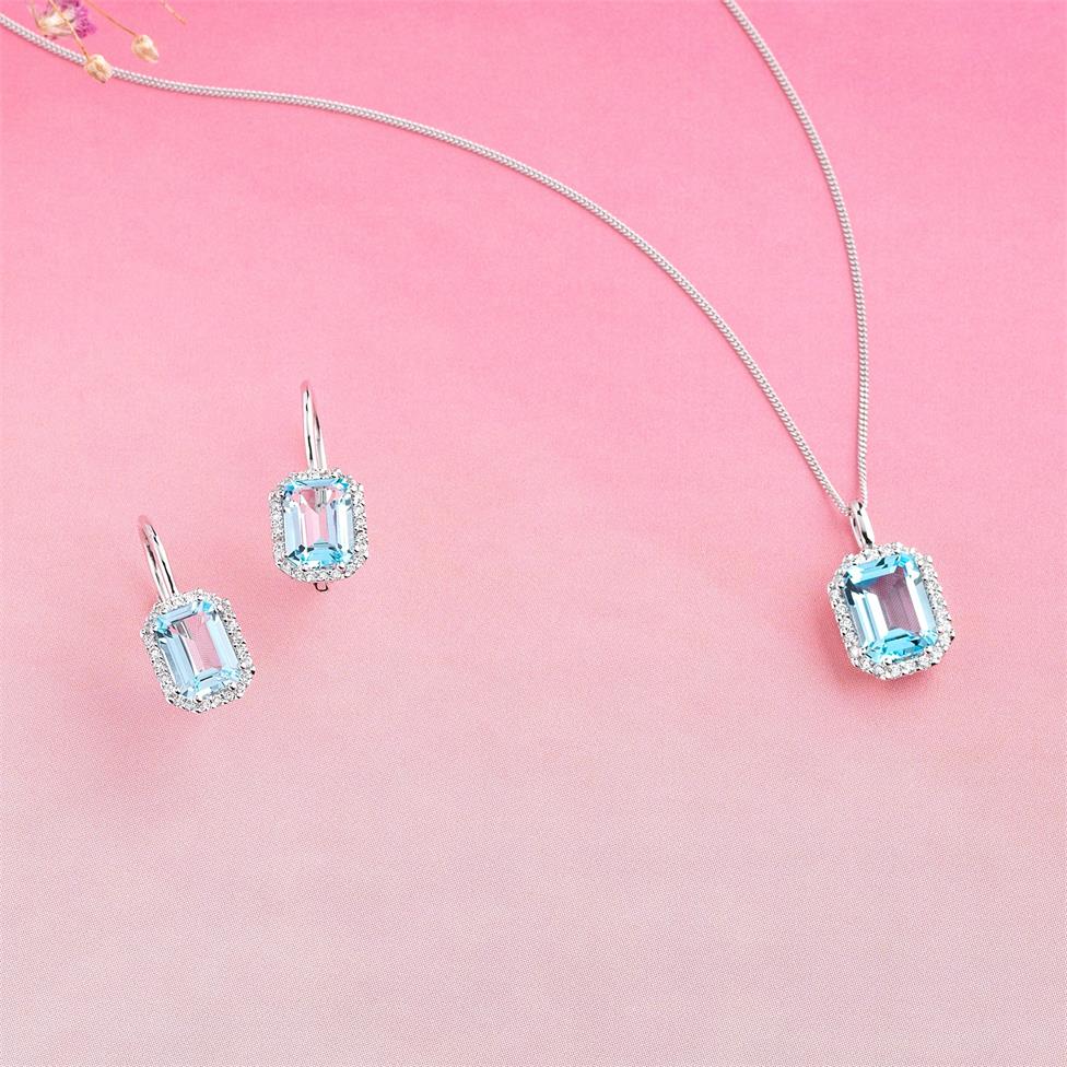 18ct White Gold Emerald Cut Blue Topaz and Diamond Halo Drop Earrings Thumbnail Image 2