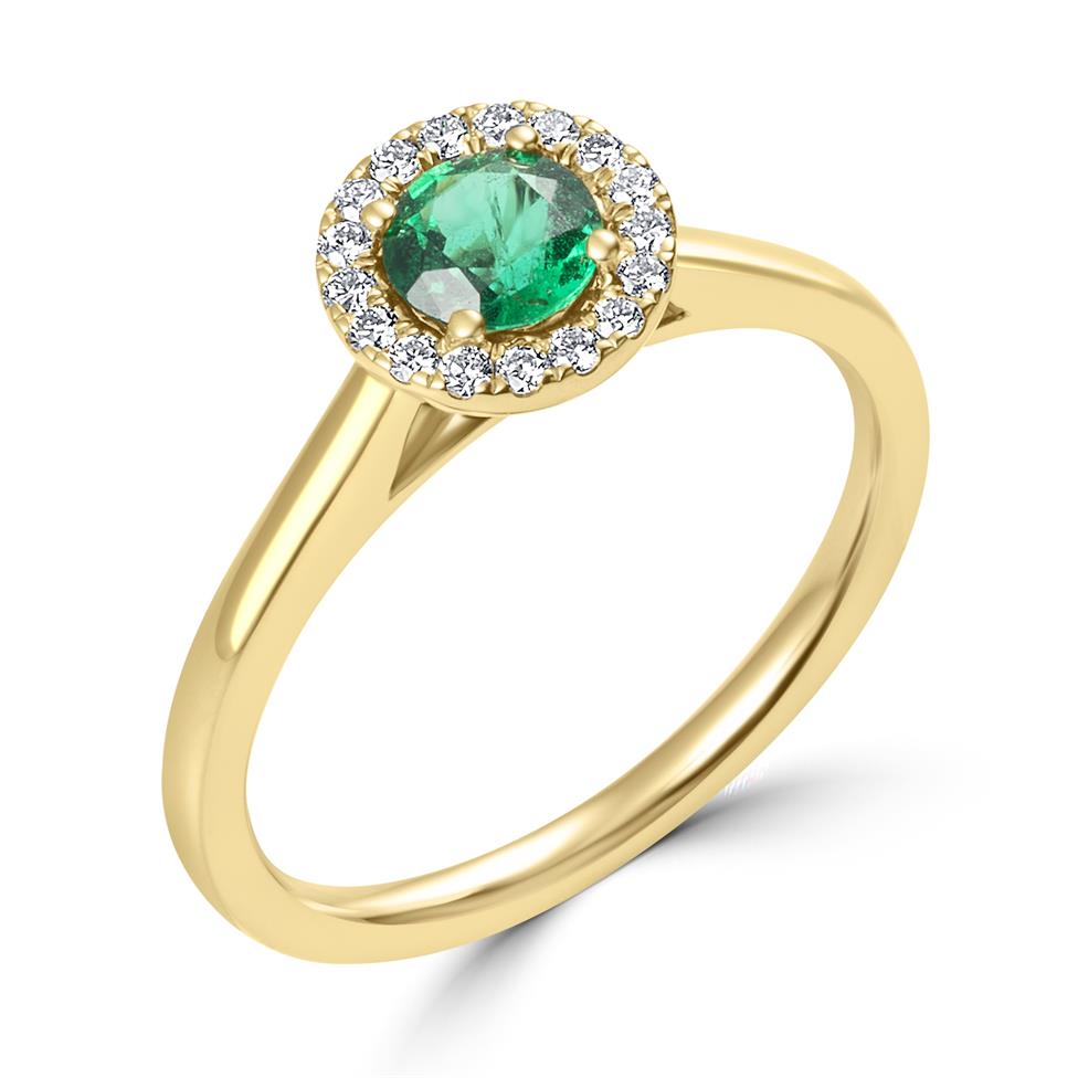18ct Yellow Gold Emerald and Diamond Halo Engagement Ring Thumbnail Image 0