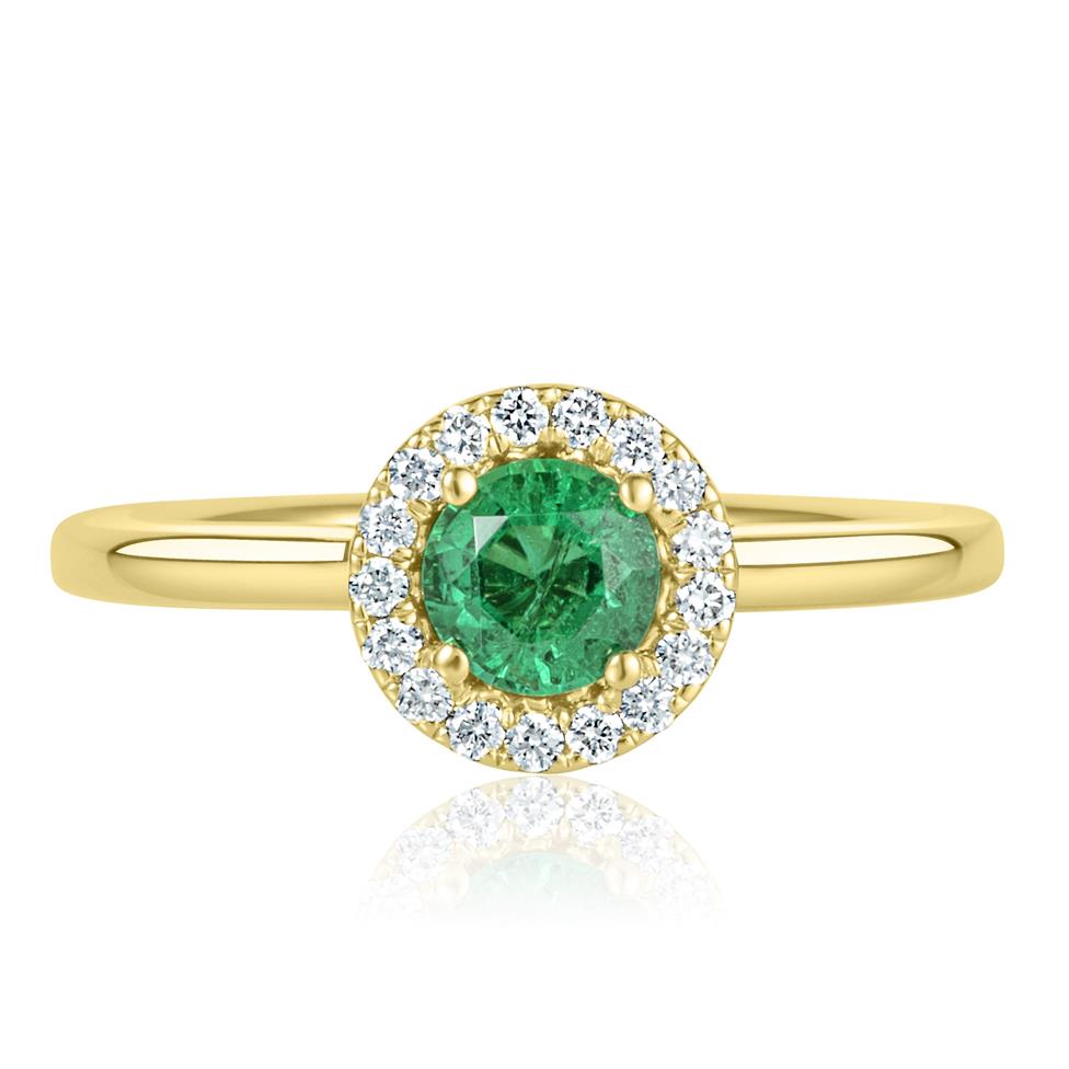 18ct Yellow Gold Emerald and Diamond Halo Engagement Ring Thumbnail Image 1