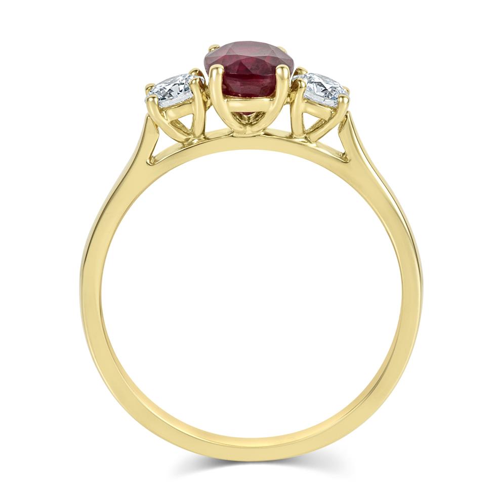18ct Yellow Gold Oval Ruby and Diamond Three Stone Engagement Ring Thumbnail Image 2