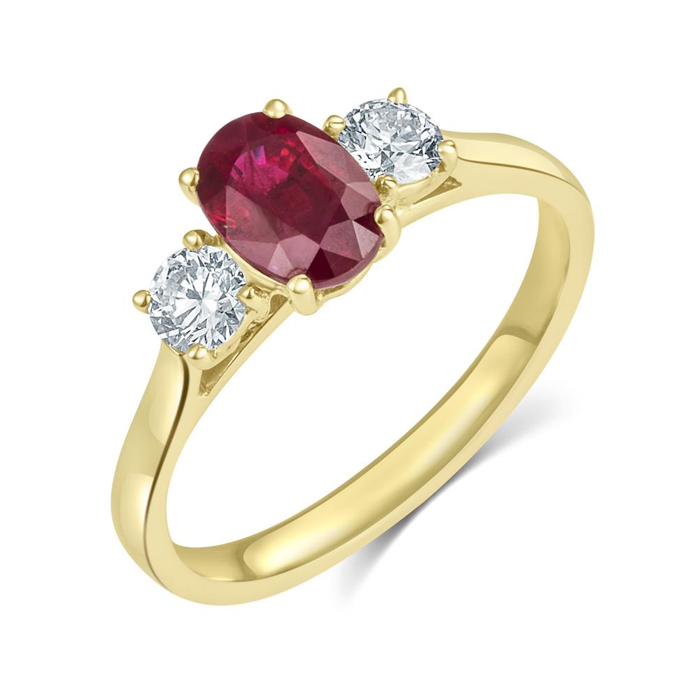 18ct Yellow Gold Oval Ruby and Diamond Three Stone Engagement Ring Thumbnail Image 0