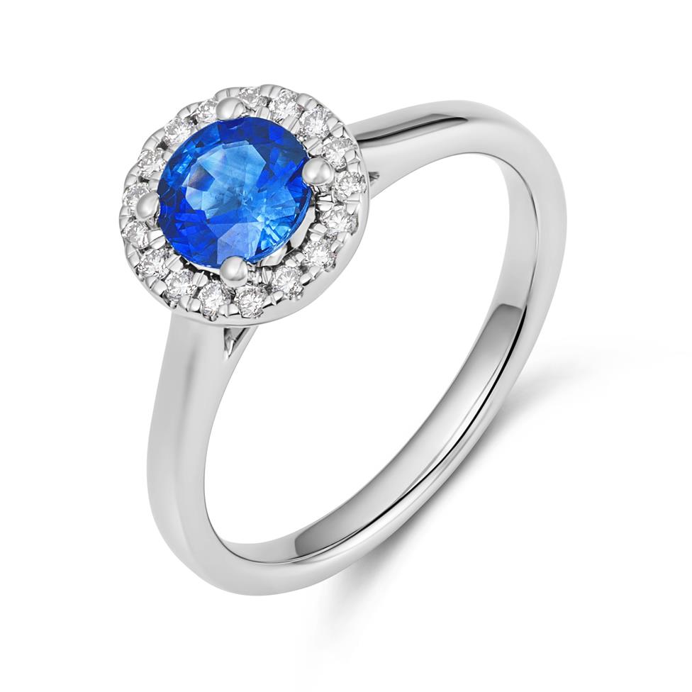 Platinum Sapphire and Diamond Halo Engagement Ring  Image 1