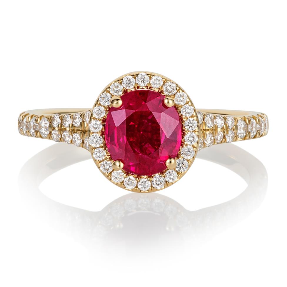18ct Yellow Gold Oval Ruby and Diamond Halo Dress Ring Thumbnail Image 1