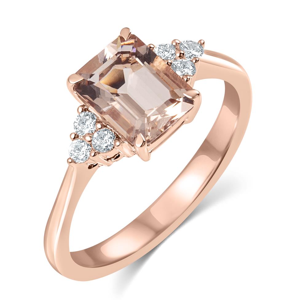 18ct Rose Gold Emerald Cut Morganite and Diamond Dress Ring Thumbnail Image 0
