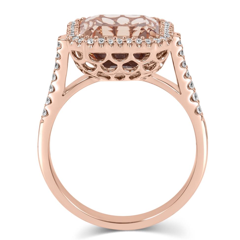 18ct Rose Gold Asscher Cut Morganite and Diamond Halo Dress Ring Thumbnail Image 3