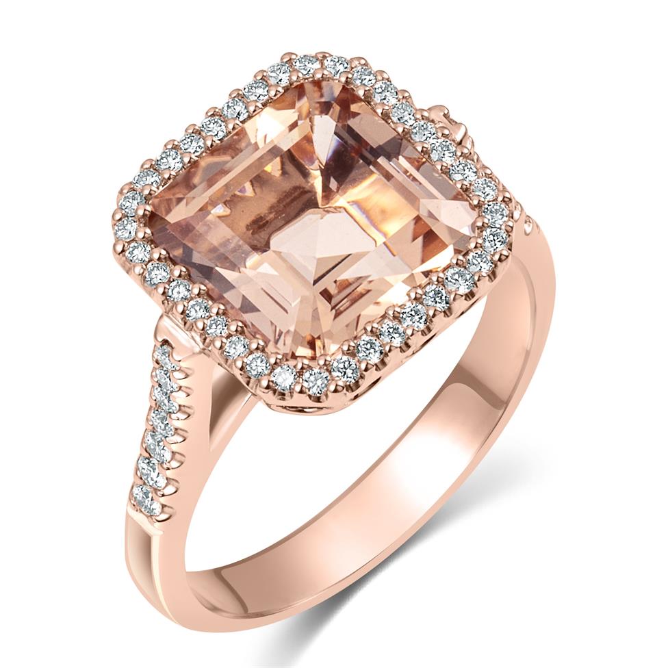 18ct Rose Gold Asscher Cut Morganite and Diamond Halo Dress Ring Thumbnail Image 0