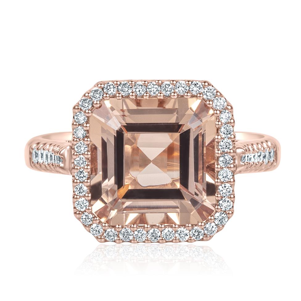 18ct Rose Gold Asscher Cut Morganite and Diamond Halo Dress Ring Thumbnail Image 2