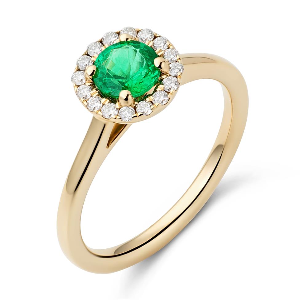 18ct Yellow Gold Emerald and Diamond Round Halo Engagement Ring Thumbnail Image 0