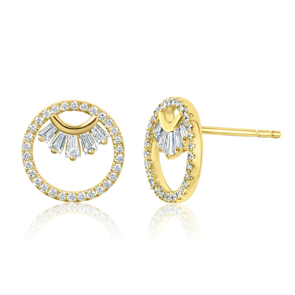 18ct Yellow Gold Circle Design Baguette Cut Diamond Stud Earrings 0.42ct Thumbnail Image 0