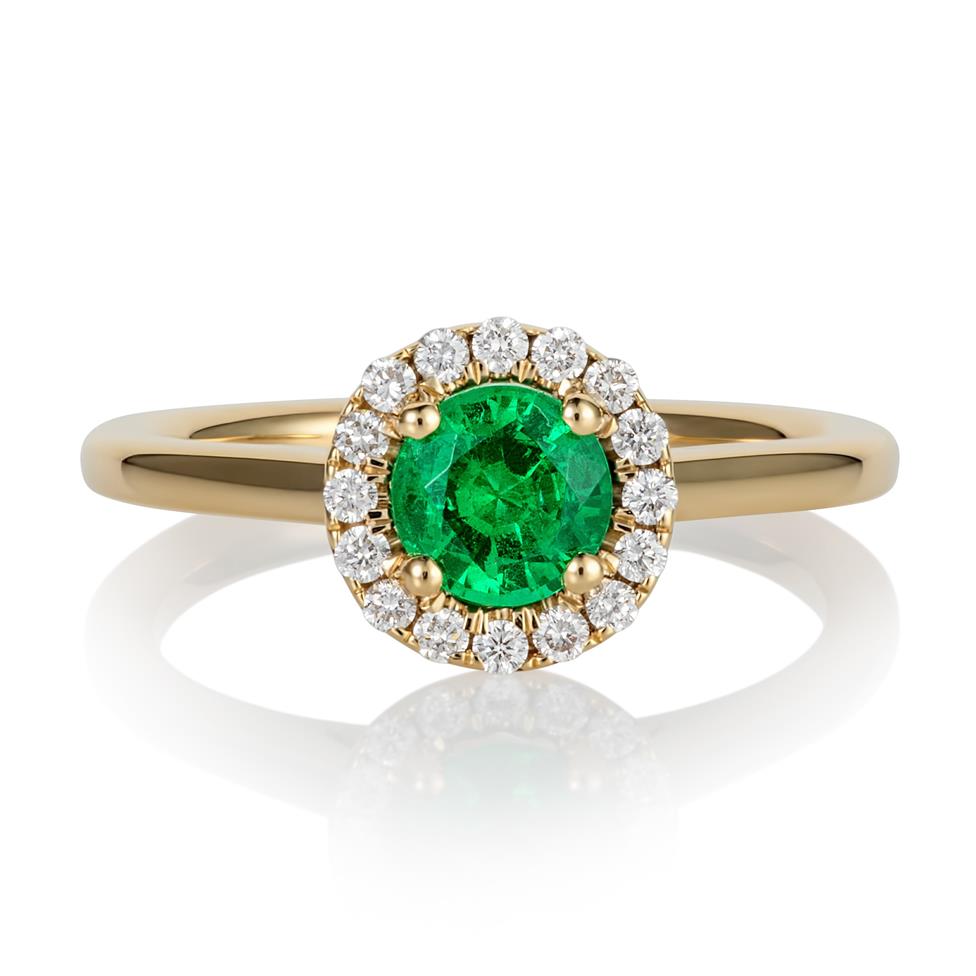 18ct Yellow Gold Emerald and Diamond Round Halo Engagement Ring Thumbnail Image 1