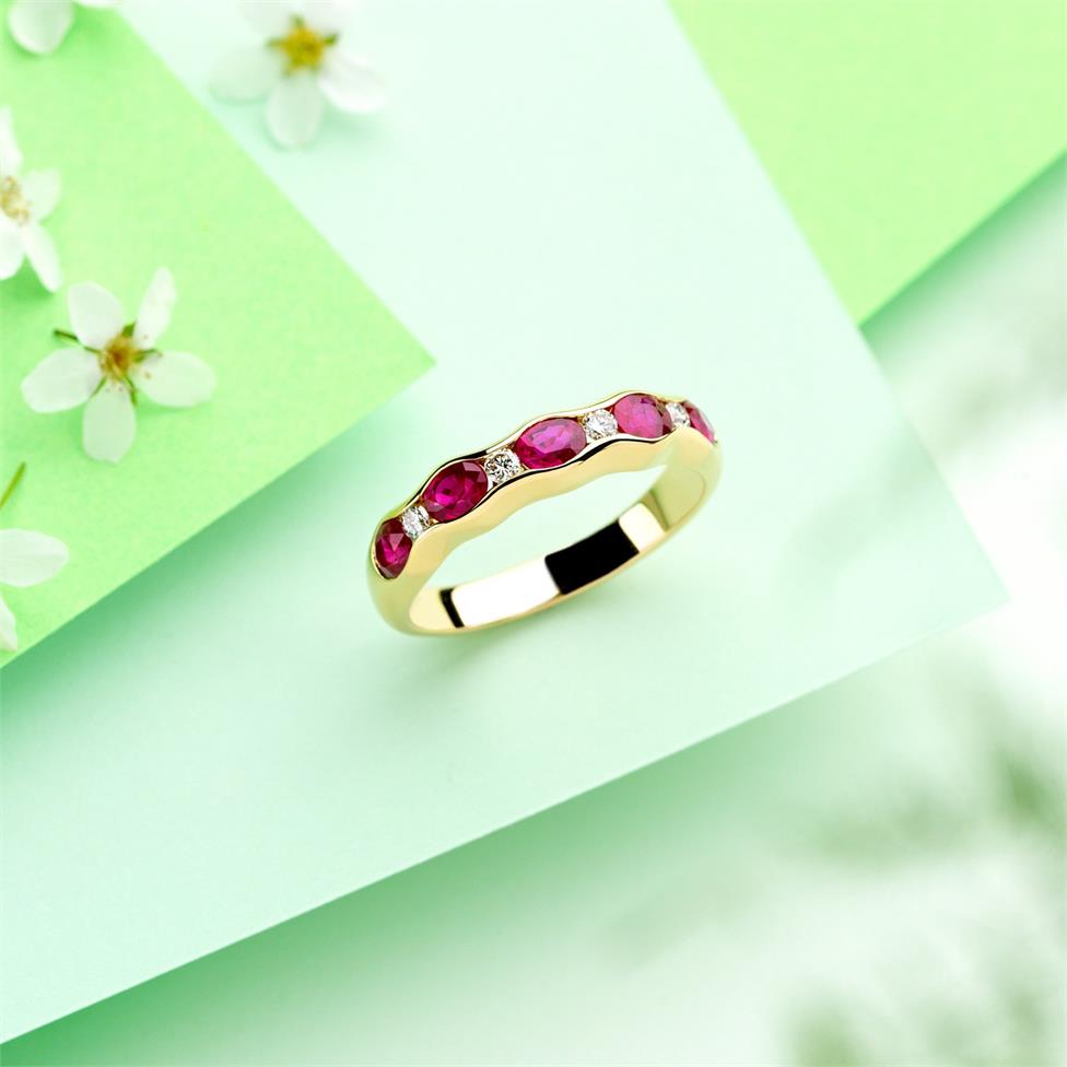 18ct Yellow Gold Oval Ruby and Diamond Half Eternity Ring Thumbnail Image 1