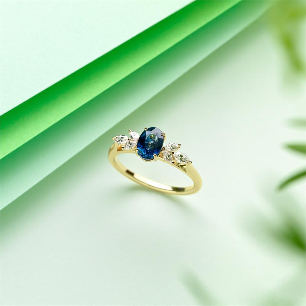 18ct Yellow Gold Oval Teal Sapphire and Marquise Diamond Engagement Ring Thumbnail Image 1