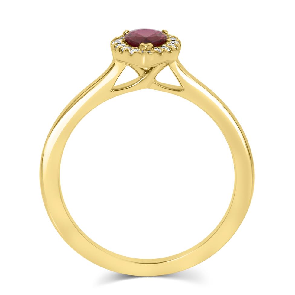18ct Yellow Gold Ruby and Diamond Halo Engagement Ring Thumbnail Image 2