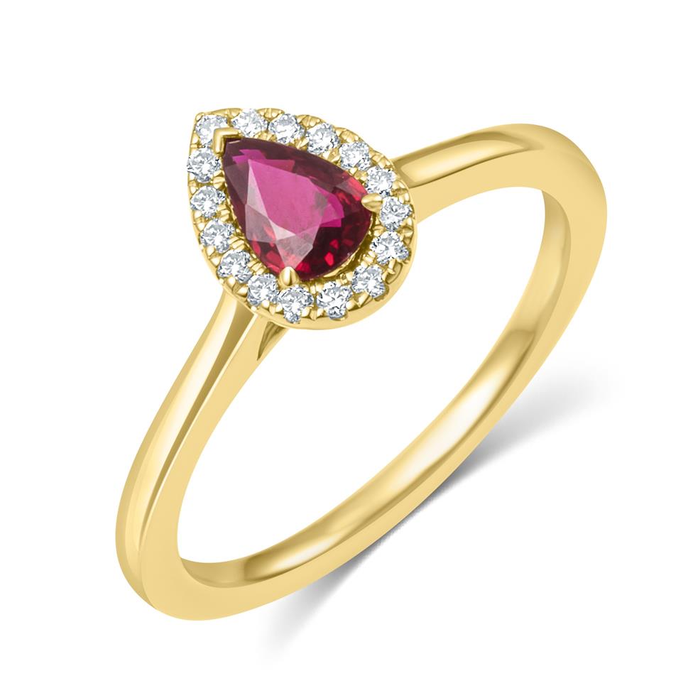 18ct Yellow Gold Ruby and Diamond Halo Engagement Ring Thumbnail Image 0