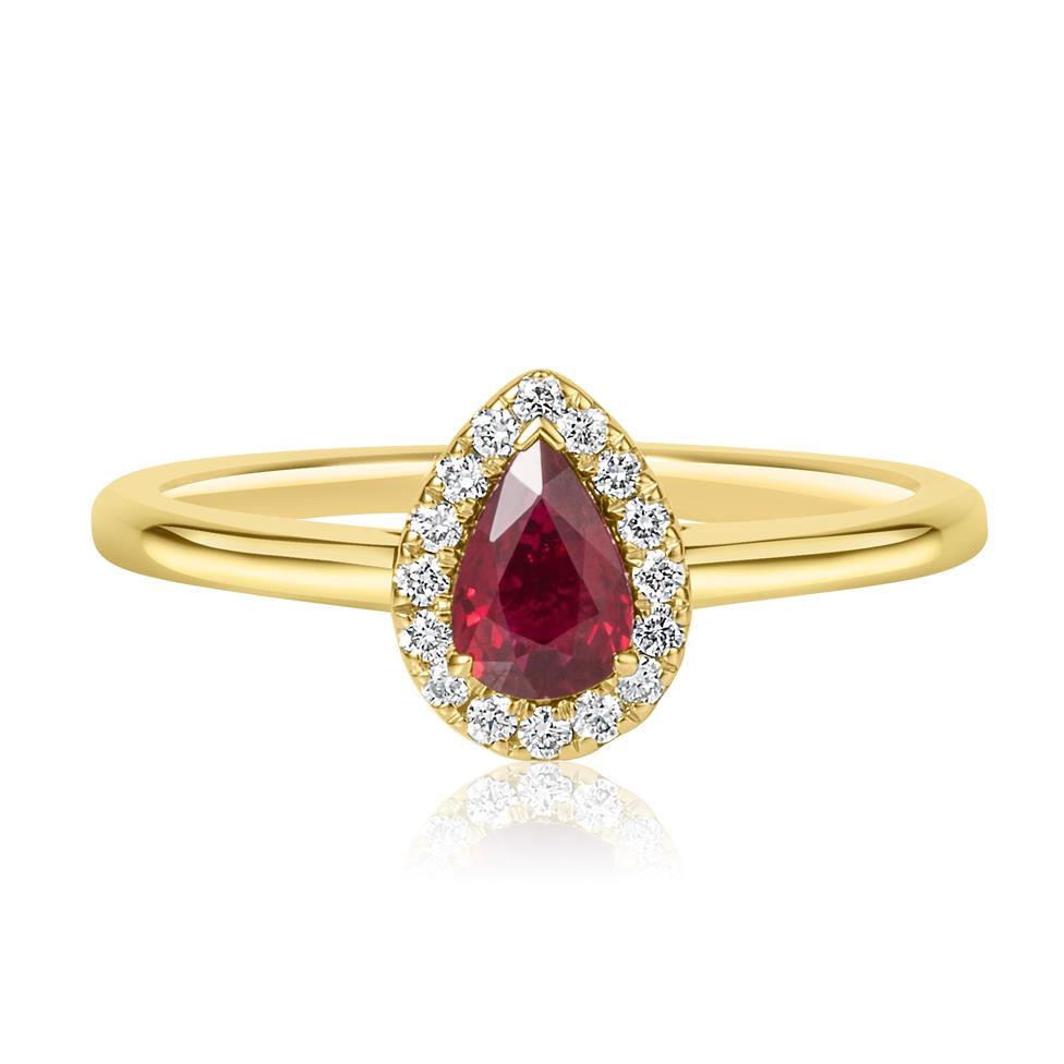 18ct Yellow Gold Ruby and Diamond Halo Engagement Ring Thumbnail Image 1