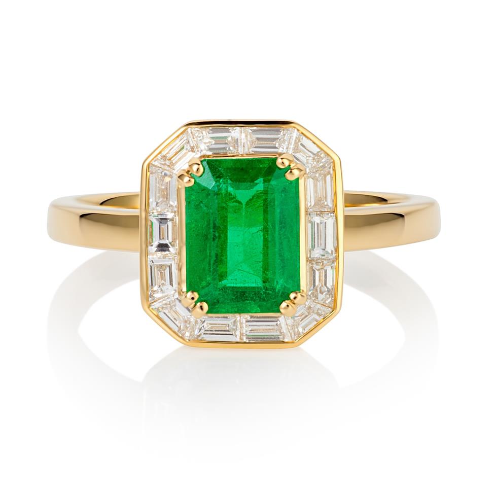 18ct Yellow Gold Emerald and Baguette Cut Diamond Cluster Dress Ring Thumbnail Image 0