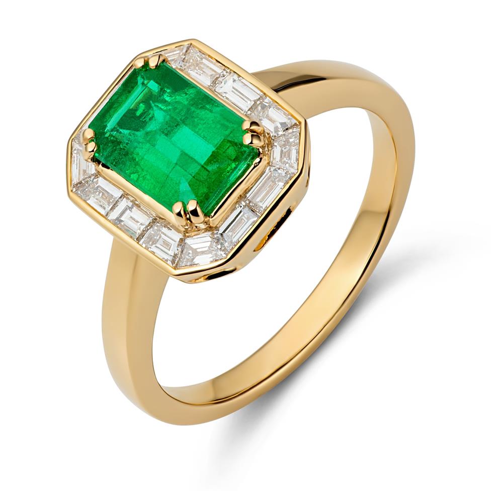 18ct Yellow Gold Emerald and Baguette Cut Diamond Cluster Dress Ring Thumbnail Image 2