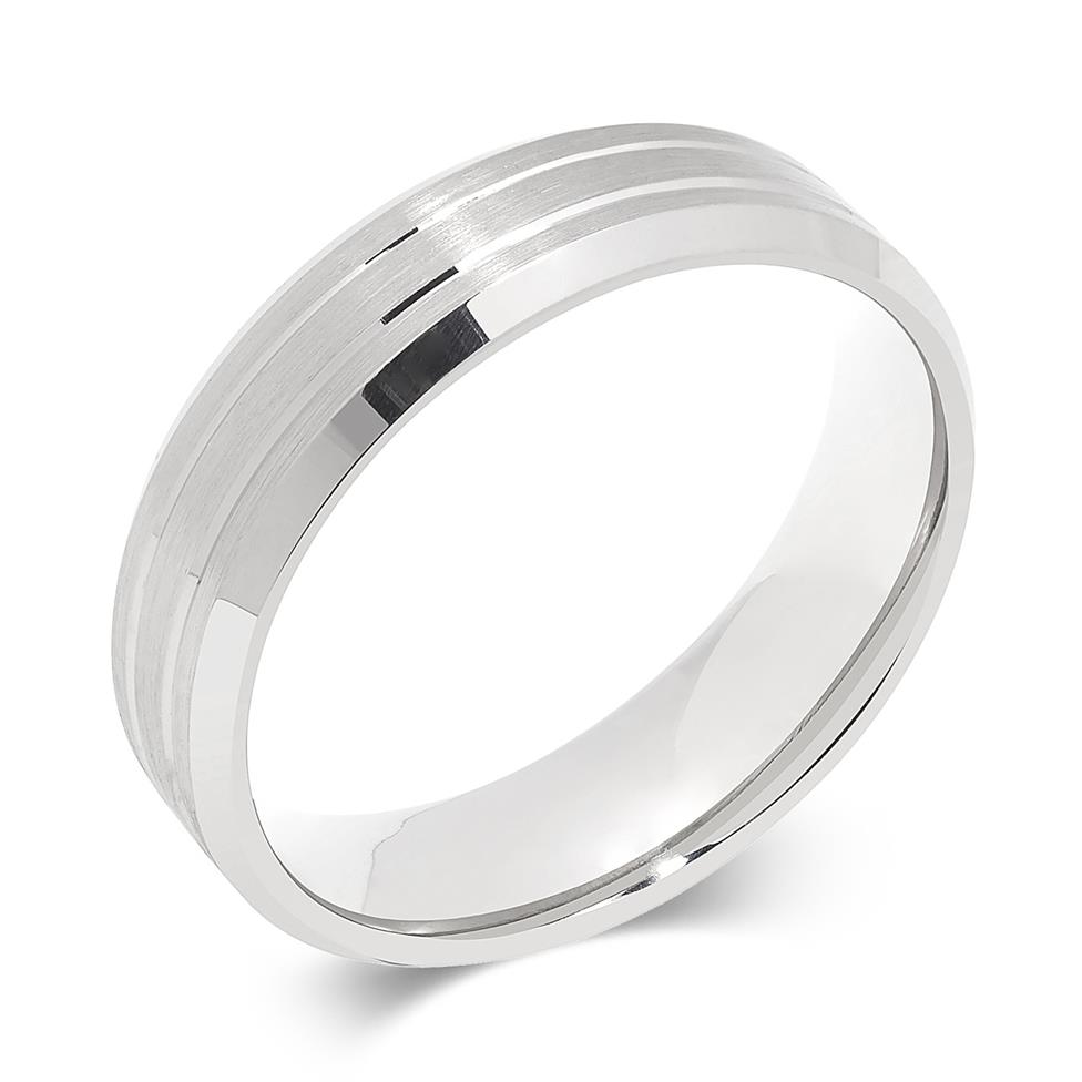 Platinum Brushed and Grooved Wedding Ring Thumbnail Image 0