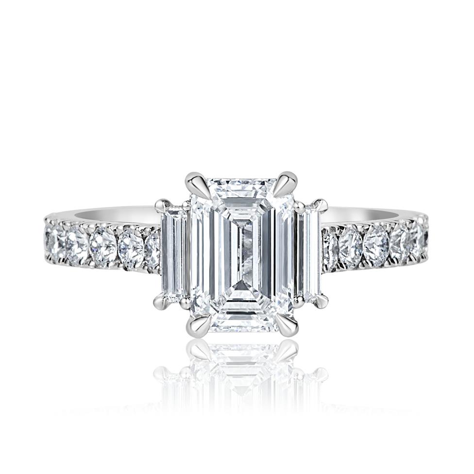 Platinum Emerald and Baguette Cut Diamond Three Stone Engagement Ring 1.50ct Thumbnail Image 2