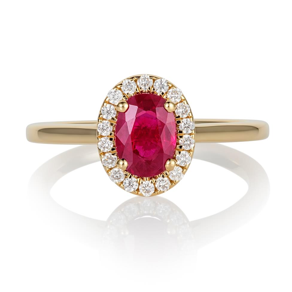 18ct Yellow Gold Oval Ruby and Diamond Halo Engagement Ring Thumbnail Image 1