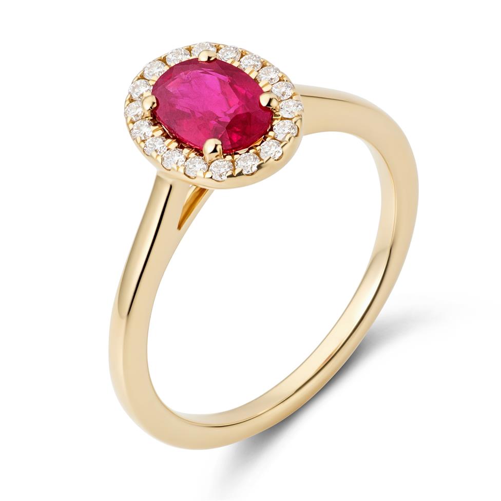18ct Yellow Gold Oval Ruby and Diamond Halo Engagement Ring Image 1