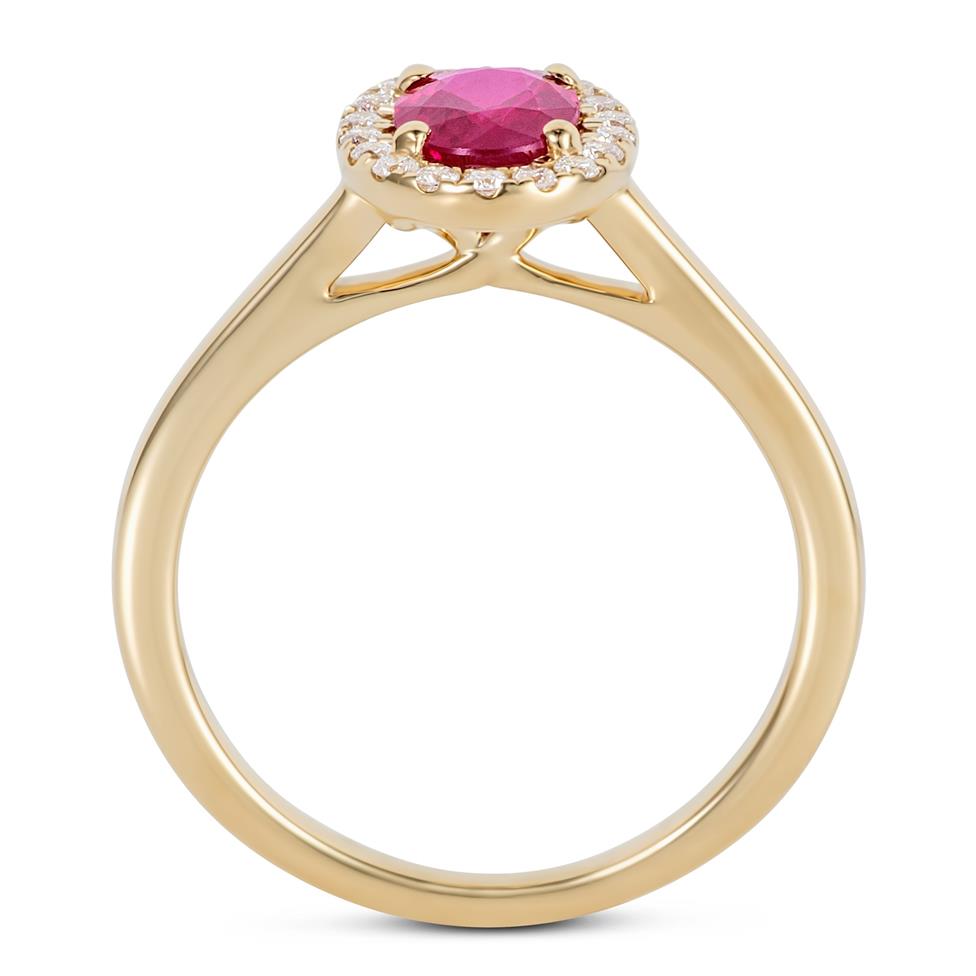 18ct Yellow Gold Oval Ruby and Diamond Halo Engagement Ring Thumbnail Image 2