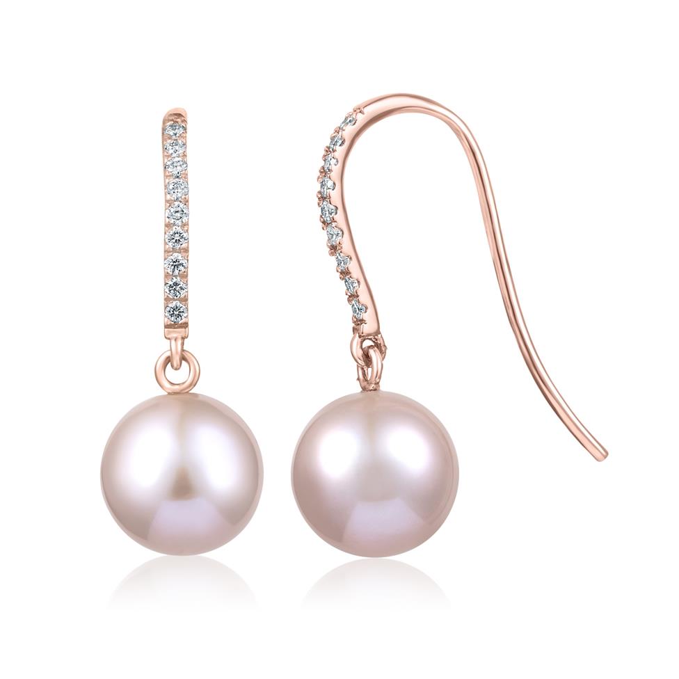 18ct Rose Gold Pink Freshwater Pearl and Diamond Drop Earrings Thumbnail Image 0