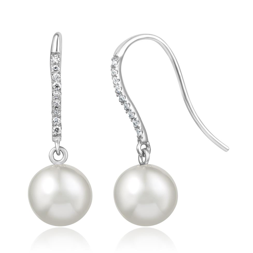 18ct White Gold Grey Freshwater Pearl and Diamond Drop Earrings Thumbnail Image 0