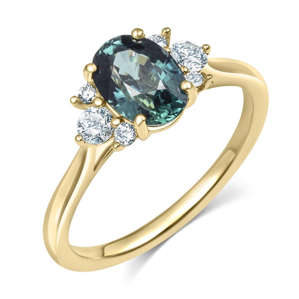 18ct Yellow Gold Teal Sapphire and Diamond Engagement Ring  Thumbnail Image 0